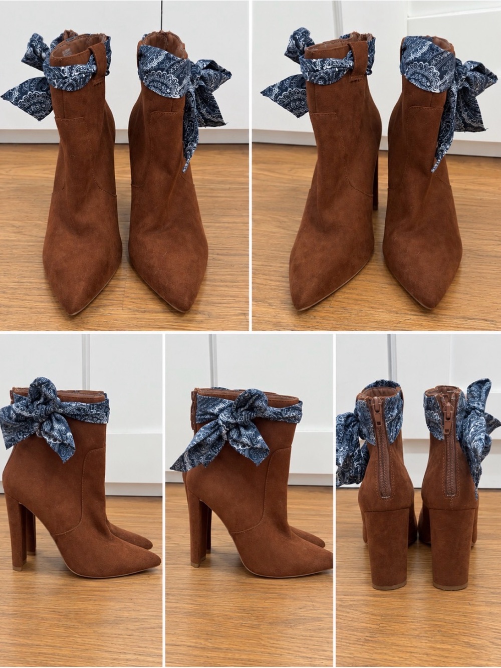 JustFab Brown Suede Pointed-Toe Ankle Boots with Blue Paisley Tie